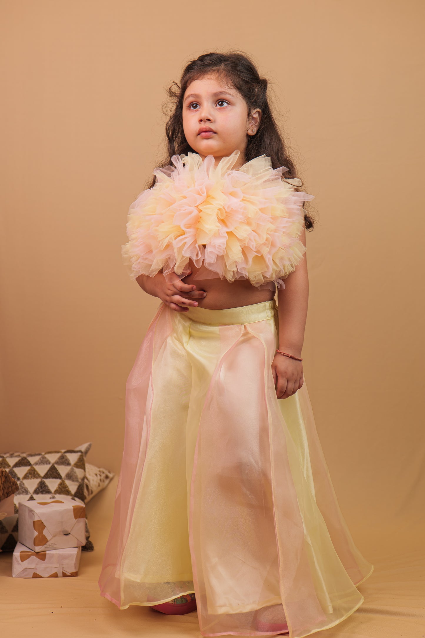 Saija Indo-Western Set Peach Lemon Crop Top with Pants