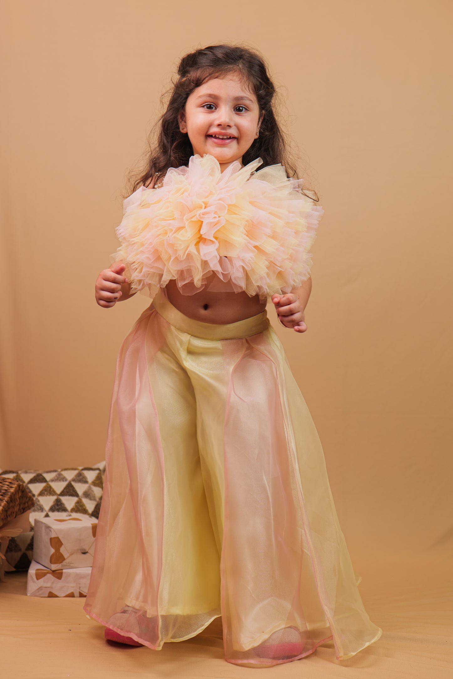 Saija Indo-Western Set Peach Lemon Crop Top with Pants