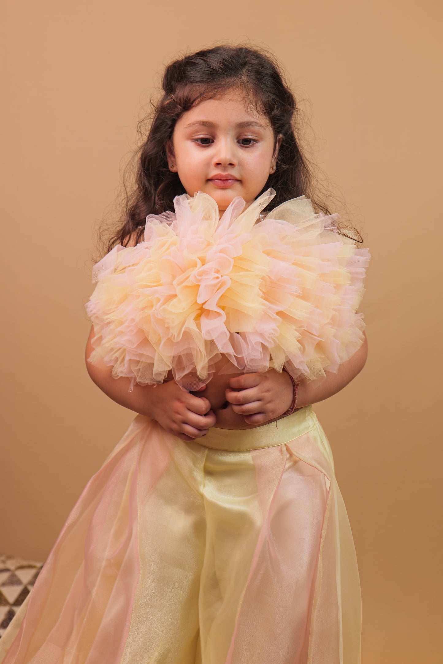 Saija Indo-Western Set Peach Lemon Crop Top with Pants