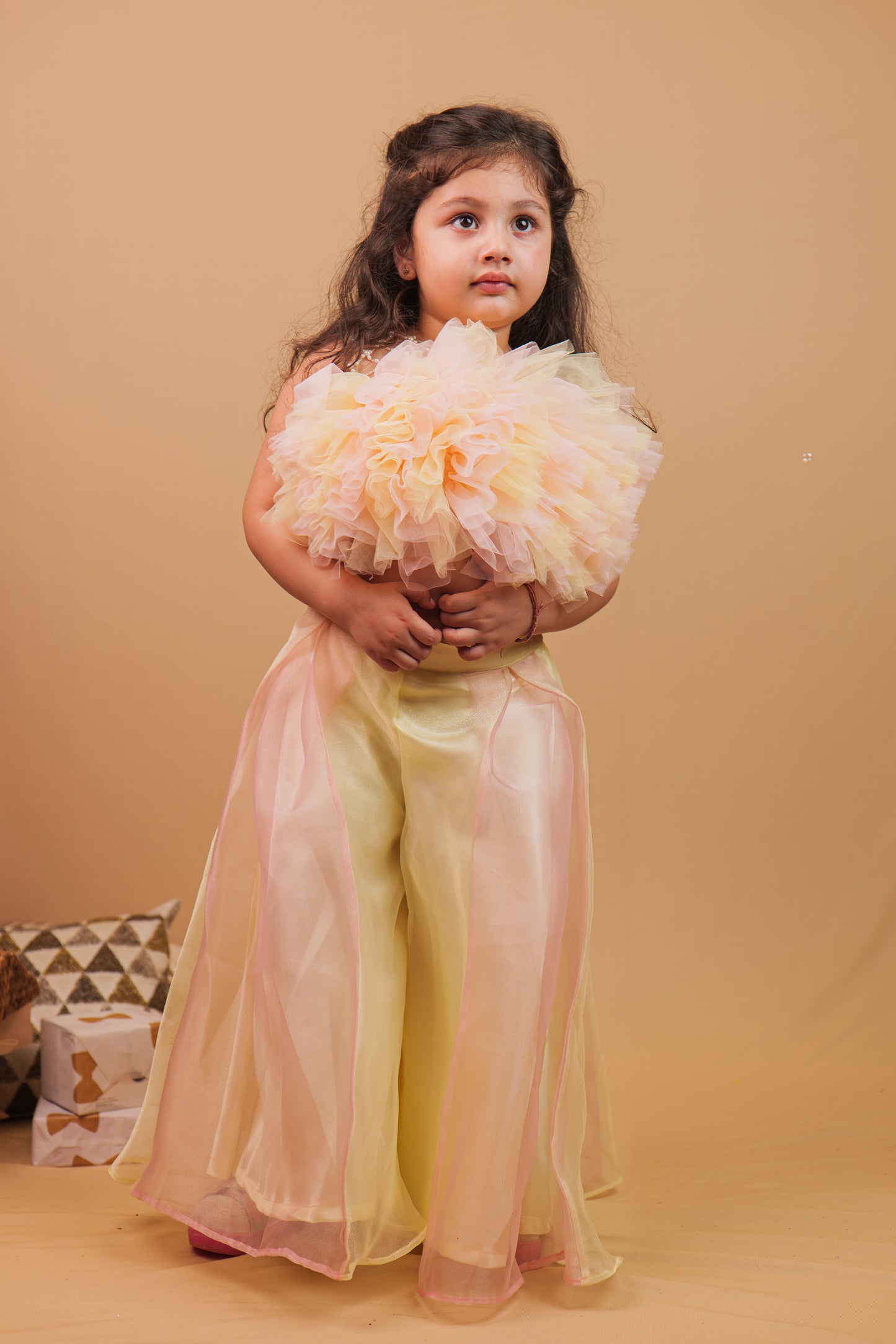 Saija Indo-Western Set Peach Lemon Crop Top with Pants