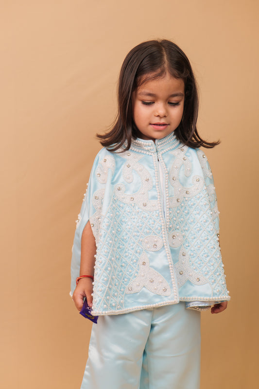 Anne Blue Pearl Embroidered Indo-Western 3-Piece Co-ord Set