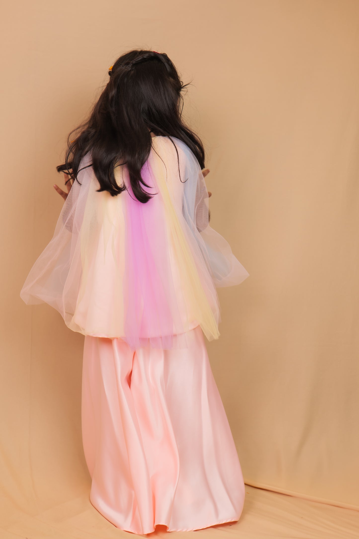 Tia Multi-Colour Tulle Indo-Western Set with Peach Flared Pants